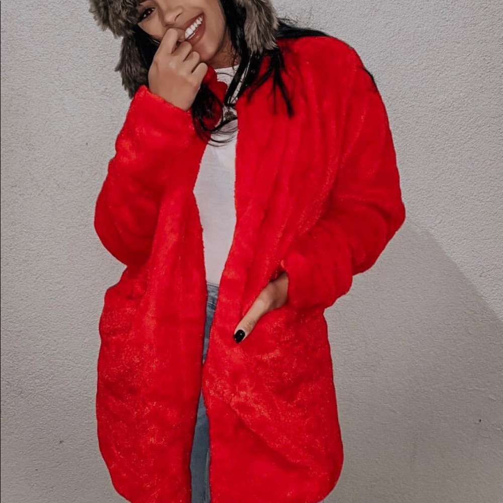 New red faux fur coat